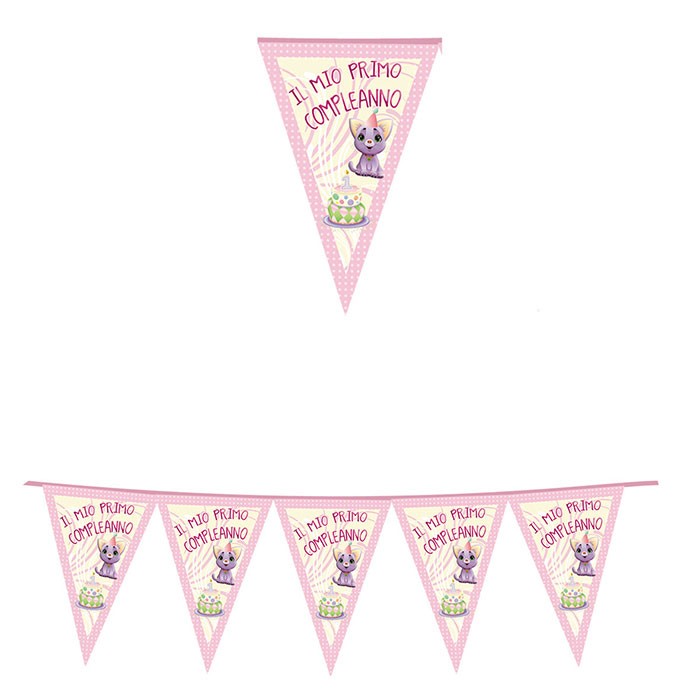 Festone Bandierina Gattina 1 Compleanno Rosa