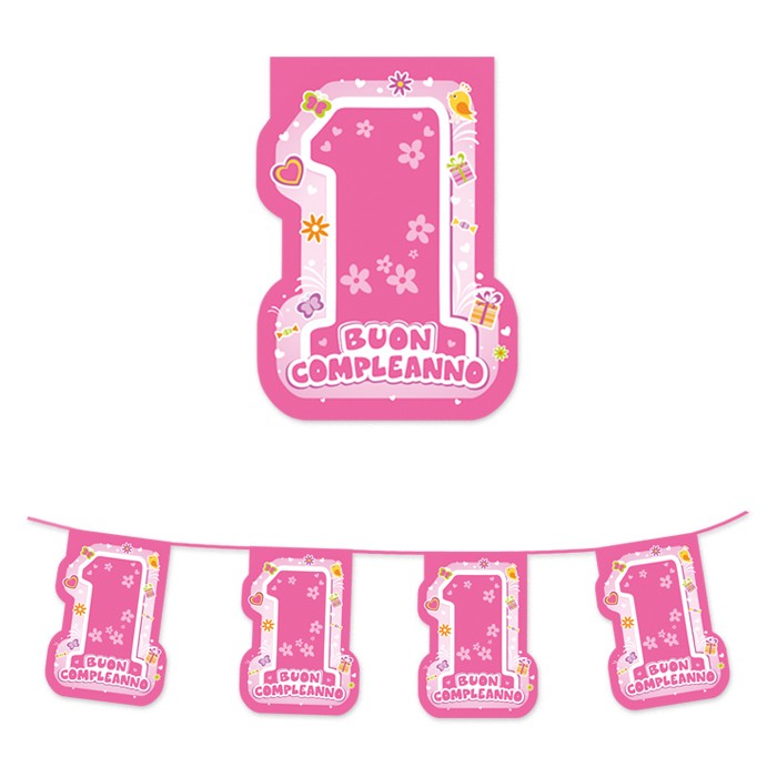Festone Bandierine in Plastica 1° Compleanno Rosa