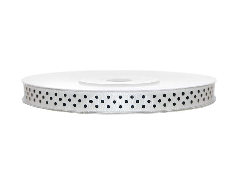 Nastrino di Stoffa Bianco con Pois Neri 6 mm x 25 mt
