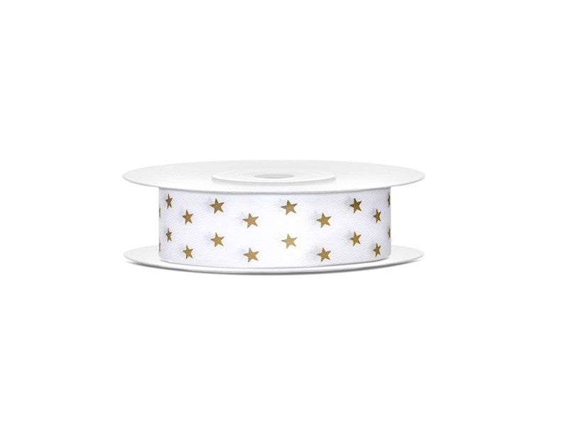 Nastrino di Stoffa Bianco con Stelle Oro 18 mm x 10 mt
