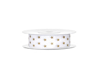 Nastrino di Stoffa Bianco con Stelle Oro 18 mm x 10 mt
