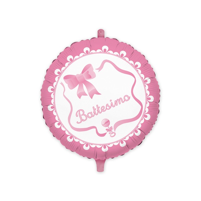 Palloncino Tondo il Mio Battesimo Rosa con Fiocco