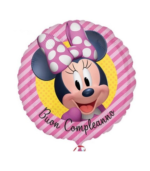 Palloncino Minnie Mouse Tondo Buon Compleanno a Righe
