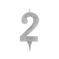 Candelina Glitter Maxi Numero 2 Colore Argento 15 cm