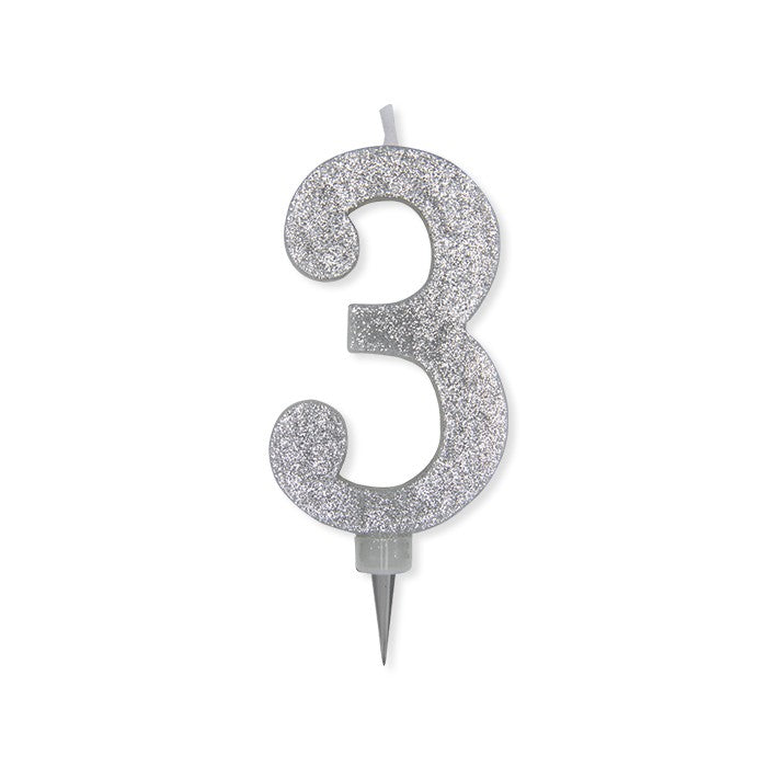 Candelina Glitter Maxi Numero 3 Colore Argento
