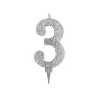 Candelina Glitter Maxi Numero 3 Colore Argento 15 cm