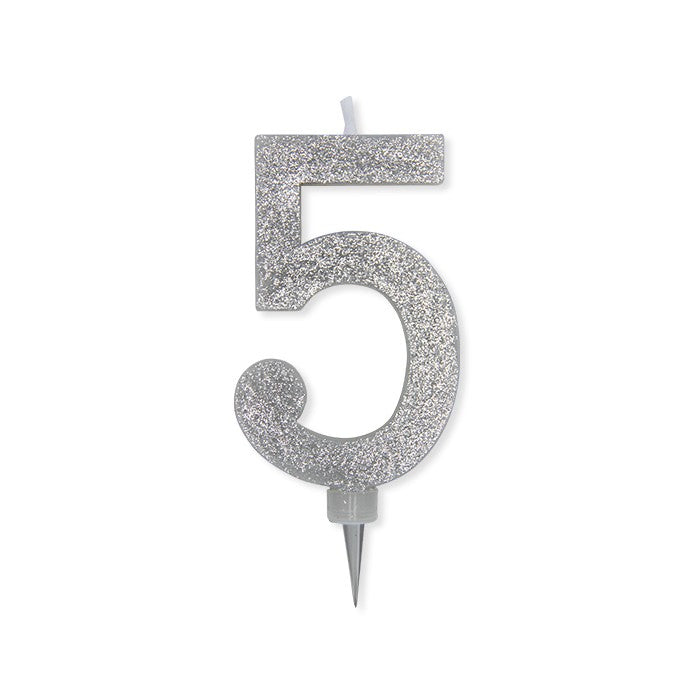 Candelina Glitter Maxi Numero 5 Colore Argento