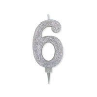 Candelina Glitter Maxi Numero 6 Colore Argento 15 cm