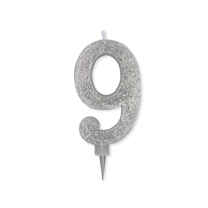 Candelina Glitter Maxi Numero 9 Colore Argento