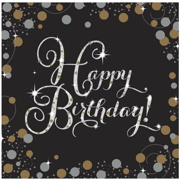 Tovaglioli Neri Happy Birthday con Brillanti (16 pz)