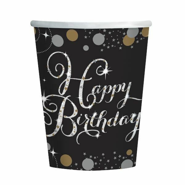 Bicchieri Neri con Scritta Happy Birthday 266 ml (8 pz)