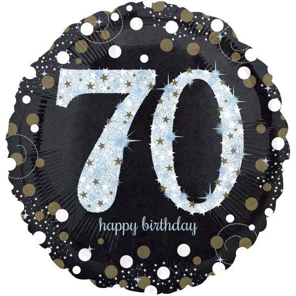 Palloncino Tondo Numero 70 Happy Birthday Nero e Argento