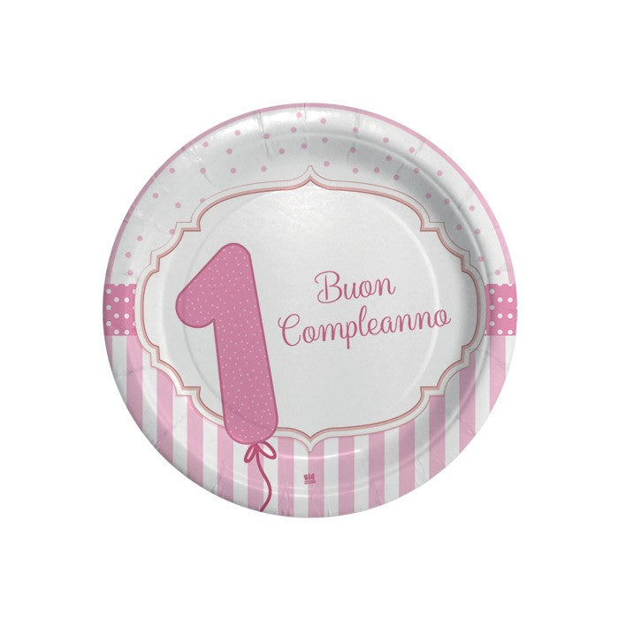 Piatti Buon 1° Compleanno Rosa (8 pz)